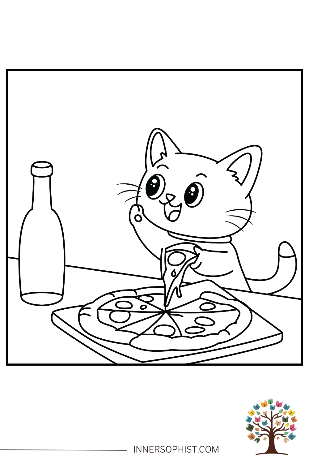 Cat Eating Pizza Coloring Page — free printable coloring page