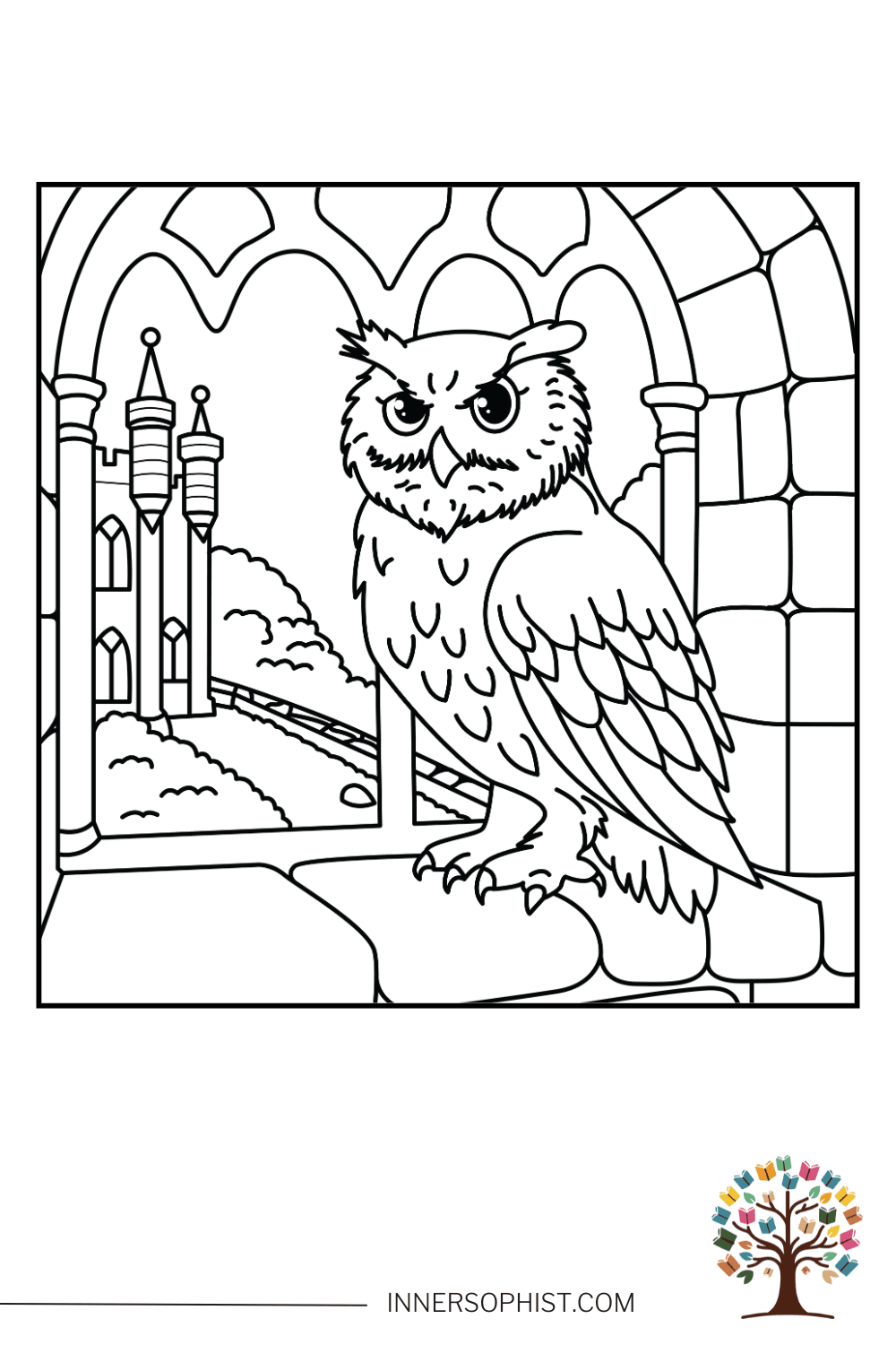 Wise Owl in Castle Coloring Page — free printable coloring page