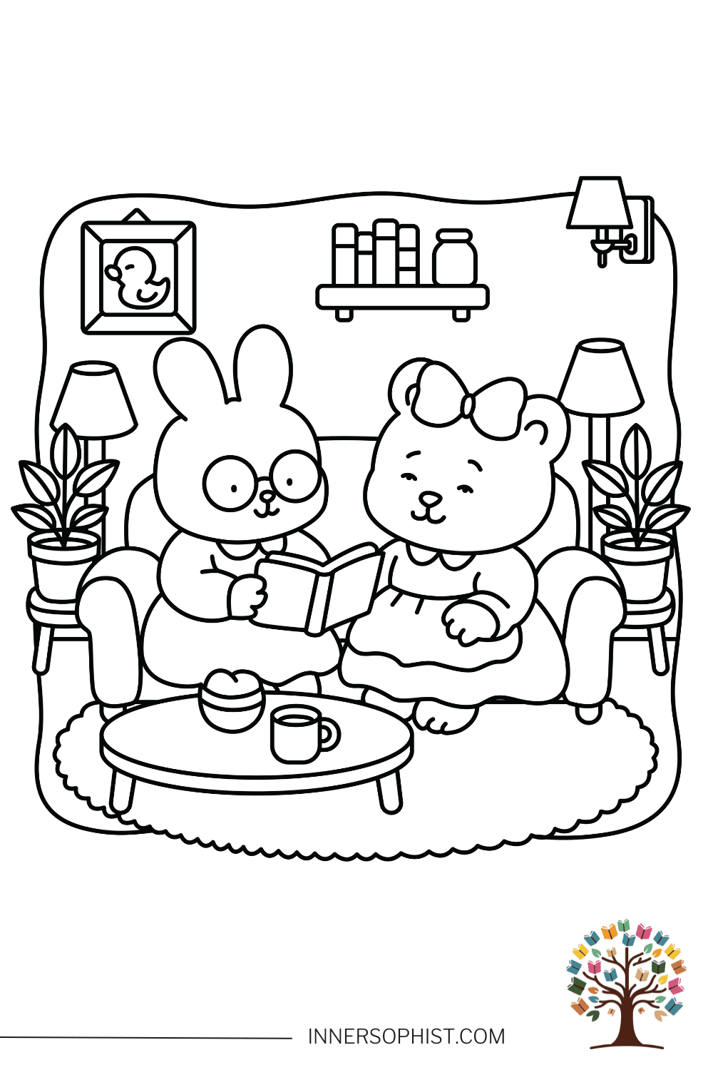 Bunny and Bear Reading - Cozy Story Time Coloring Page — free printable coloring page