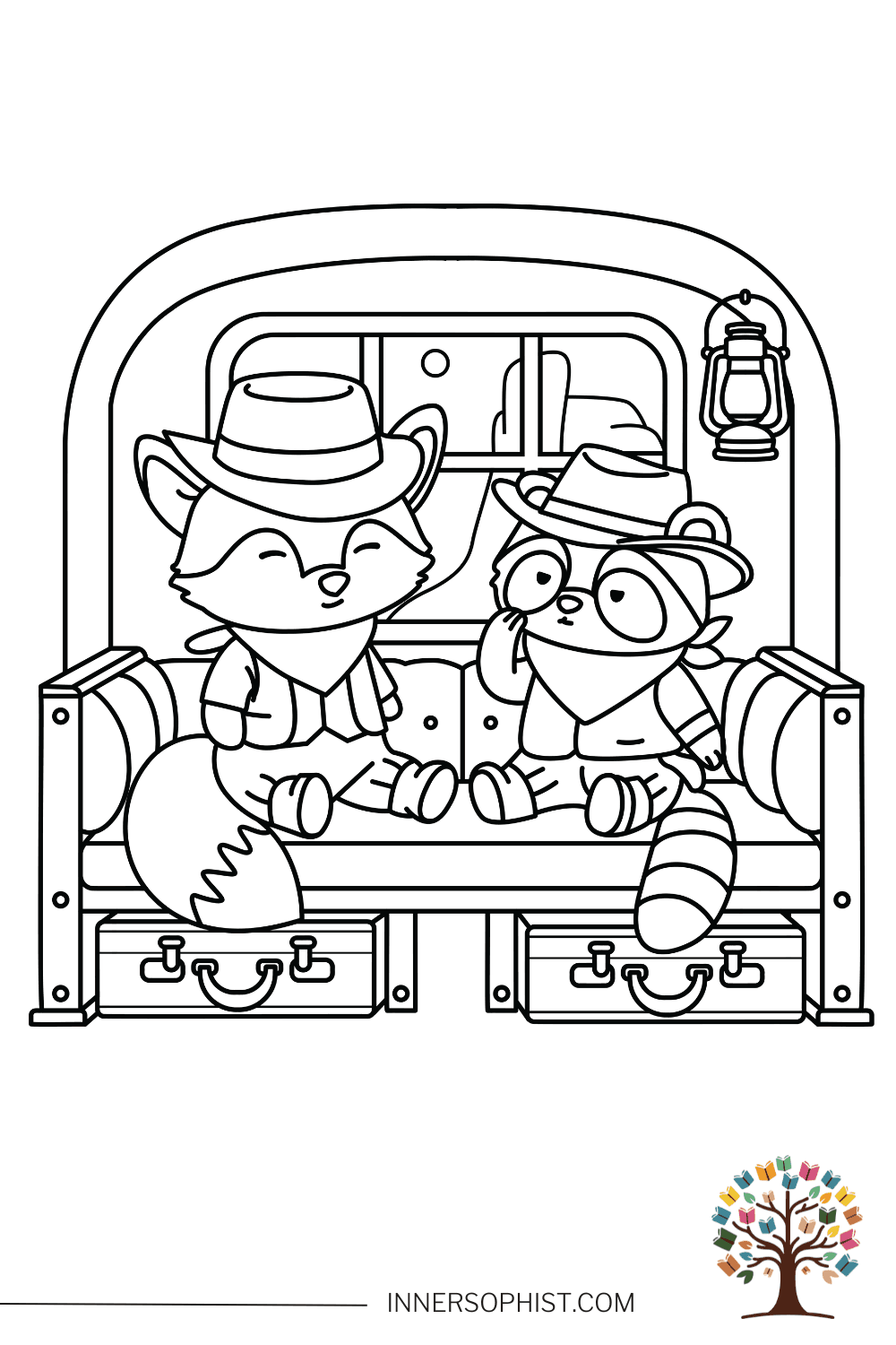 Cute Coloring Page - Raccoon and Fox in the Wild West — free printable coloring page