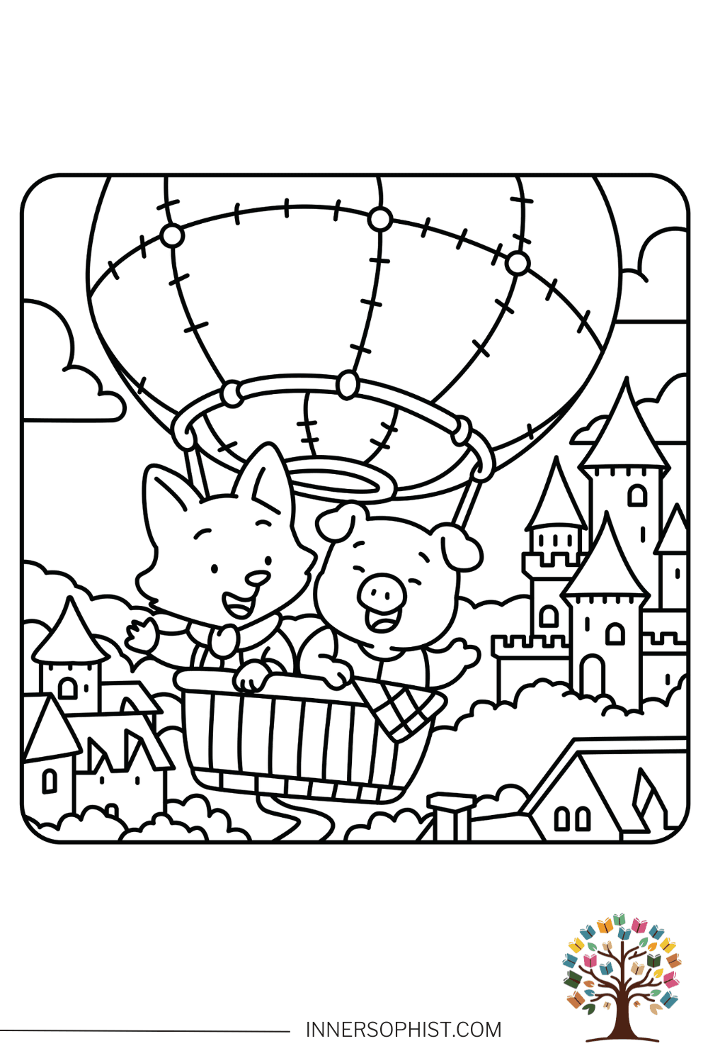 Fox and Pig Hot Air Balloon Coloring Page — free printable coloring page