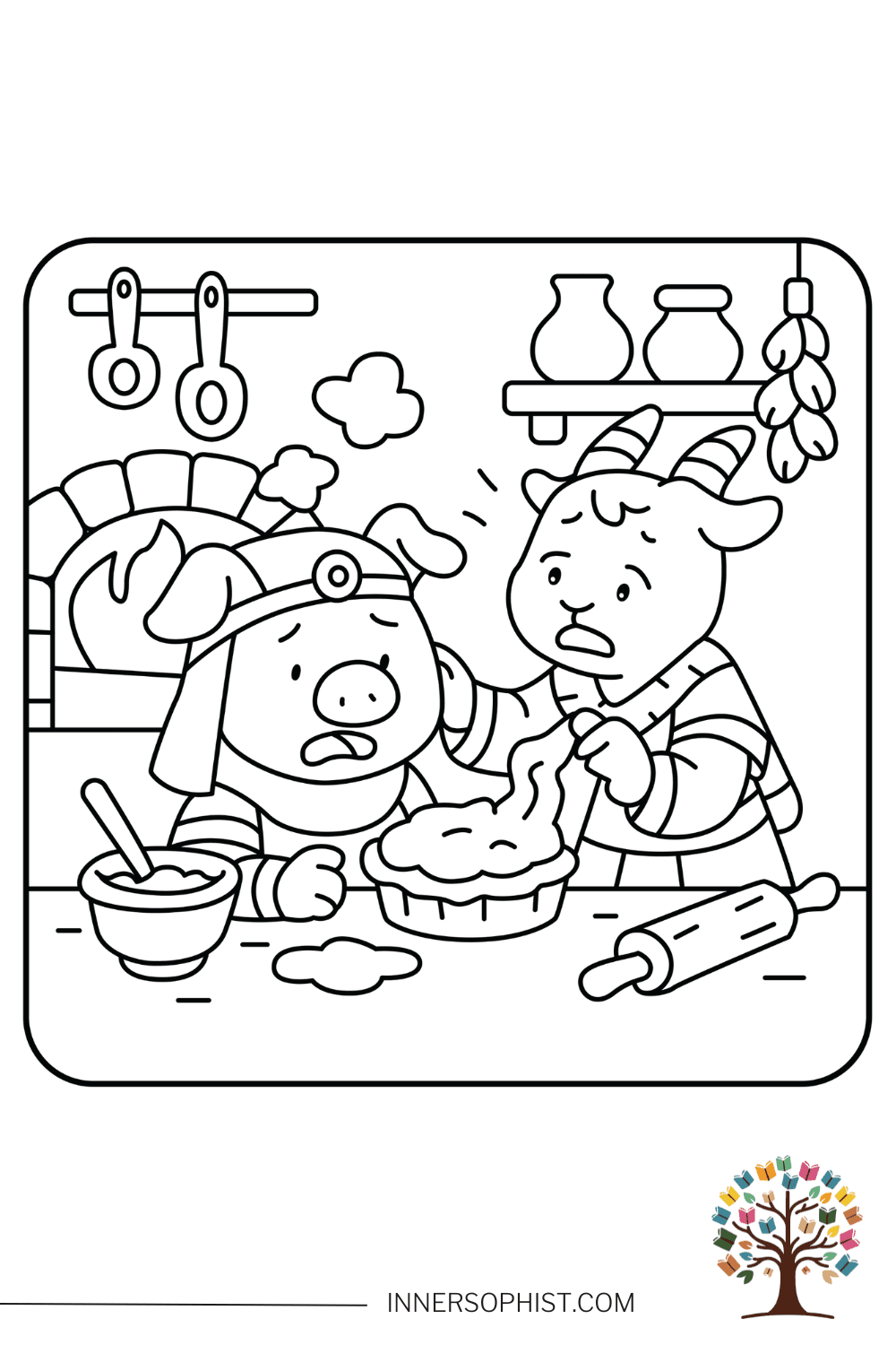 Goat and Pig Baking Coloring Page — free printable coloring page