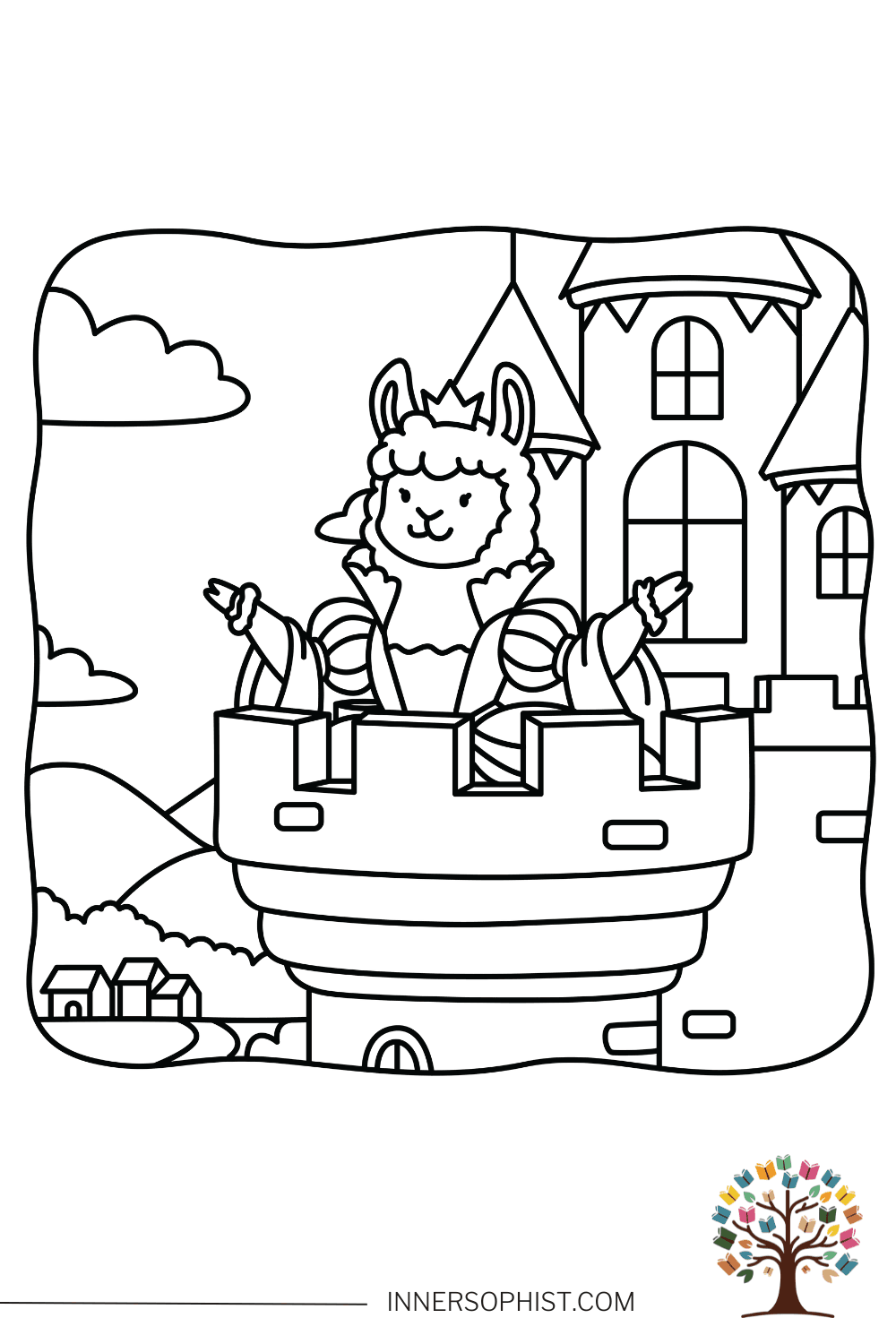 Llama Princess Castle Coloring Page — free printable coloring page