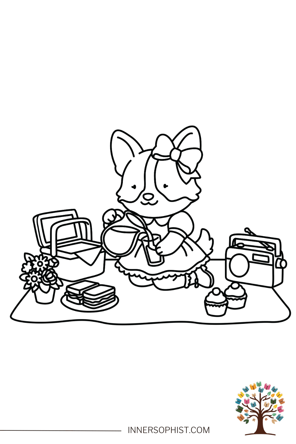 Cute kawaii corgi with bow and dress pouring lemonade on picnic blanket with basket sandwiches sunflowers cupcakes and vintage radio coloring page