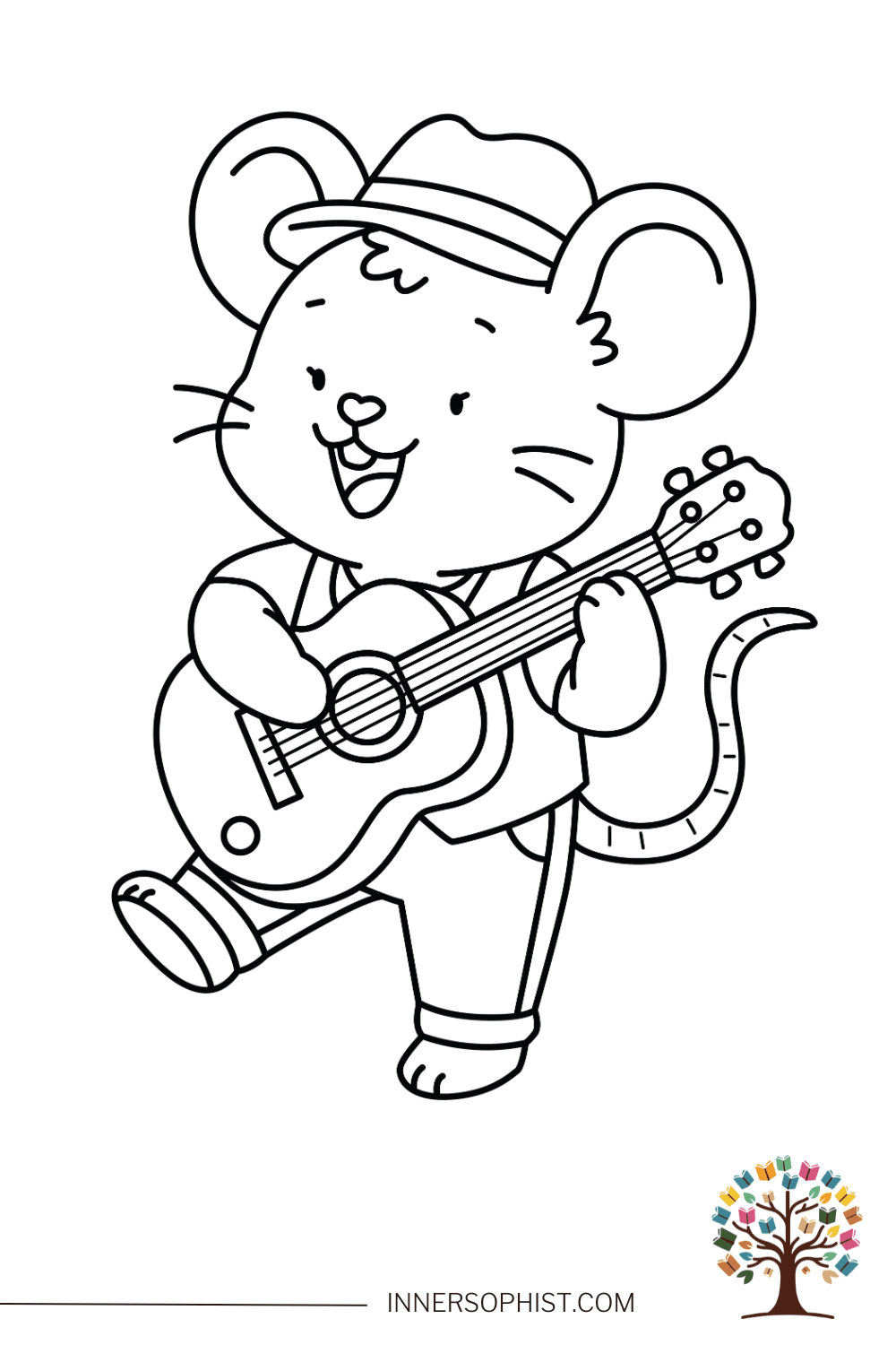 Cute country cowboy mouse wearing western hat playing acoustic guitar singing coloring page