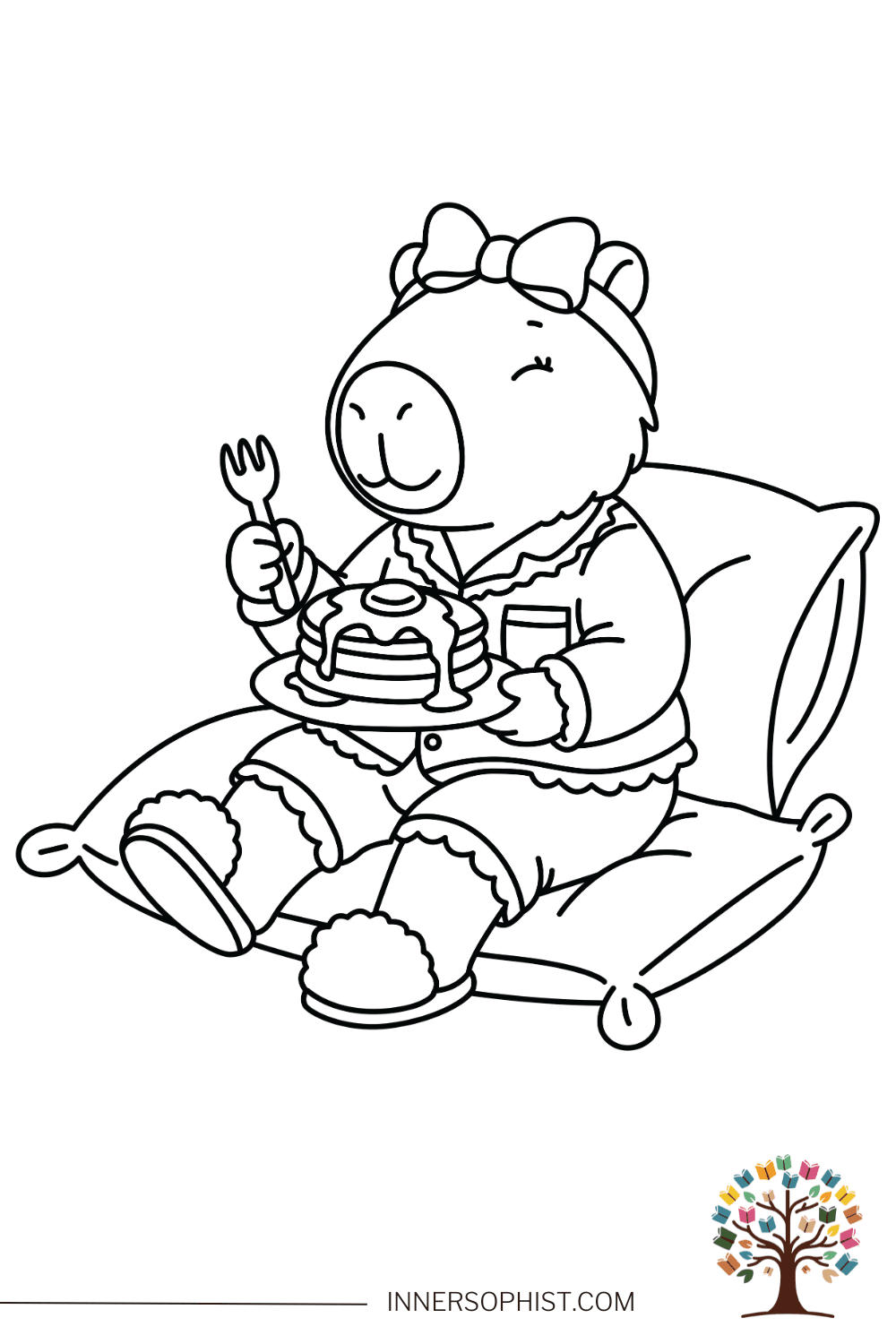 Cute kawaii capybara in ruffled pajamas with bow eating stack of pancakes with syrup relaxing on pillows wearing fluffy slippers coloring page