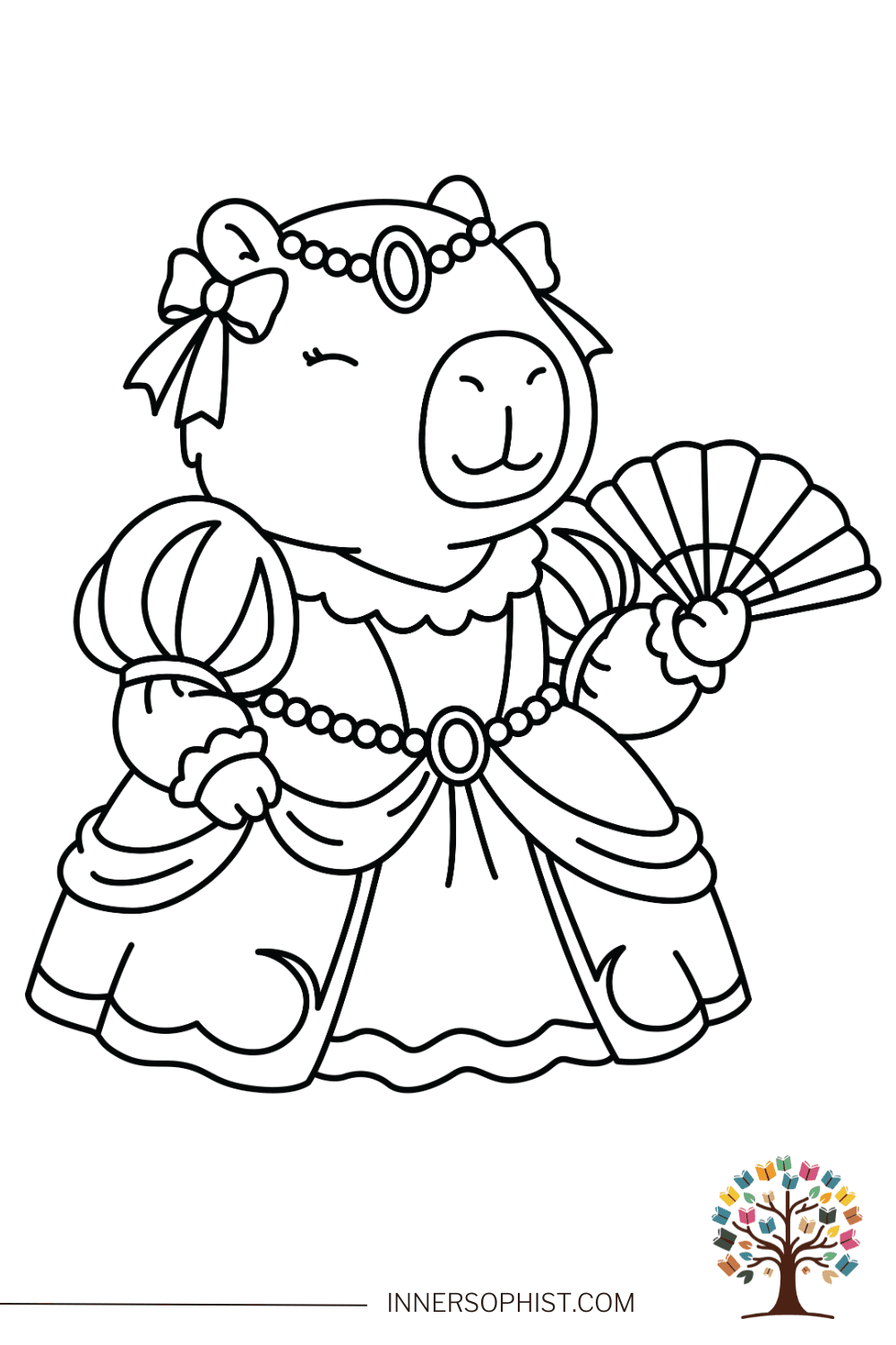 Cute kawaii capybara wearing Victorian princess ball gown with puffy sleeves pearl headpiece necklace bow and holding fan coloring page