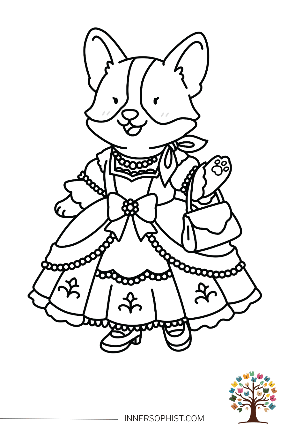 Cute corgi wearing elegant Victorian dress with pearl beading tiered skirt fleur-de-lis embroidery bow and handbag coloring page