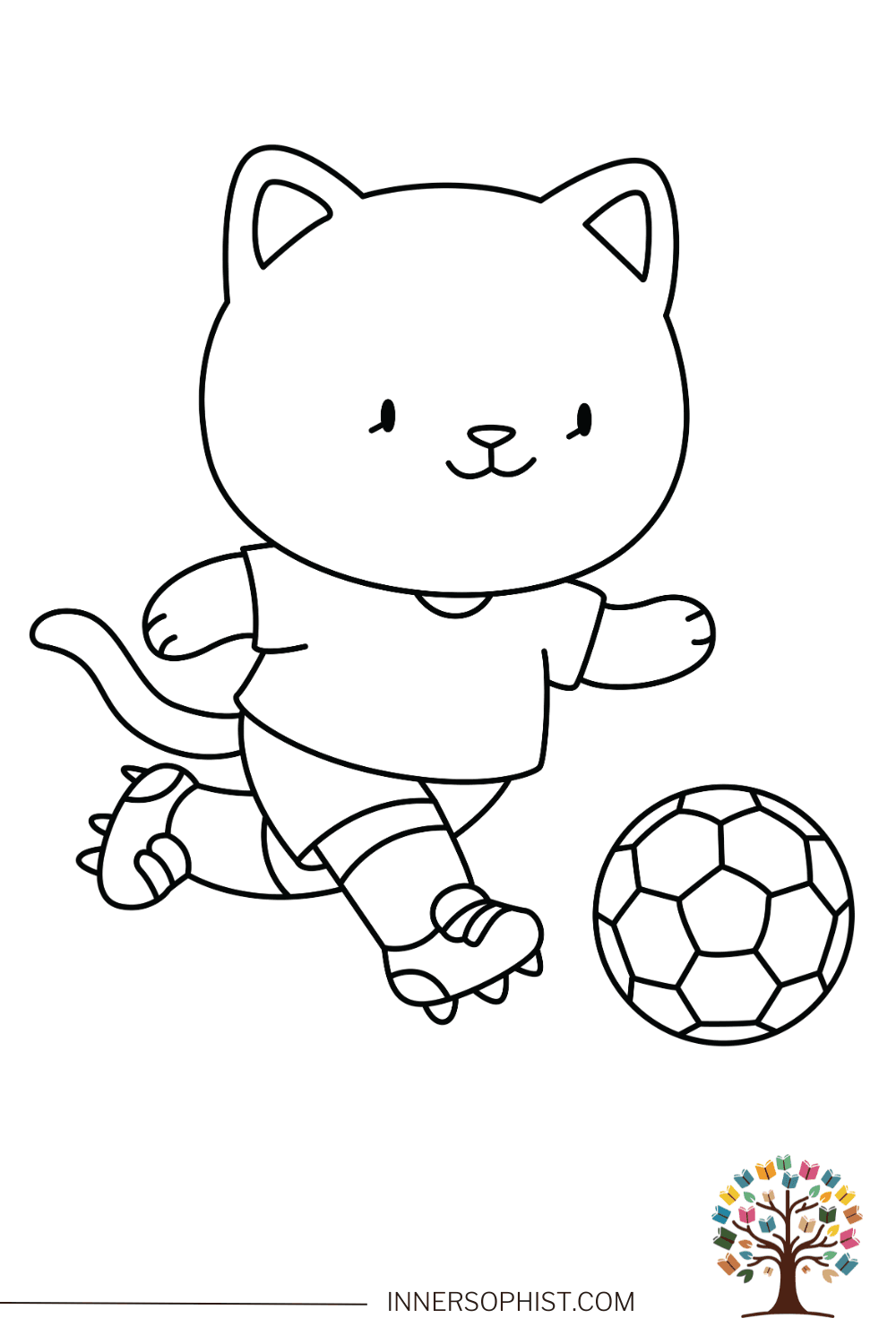 Cute kawaii cat playing World Cup soccer dribbling football wearing jersey shorts and cleats simple coloring page for kids