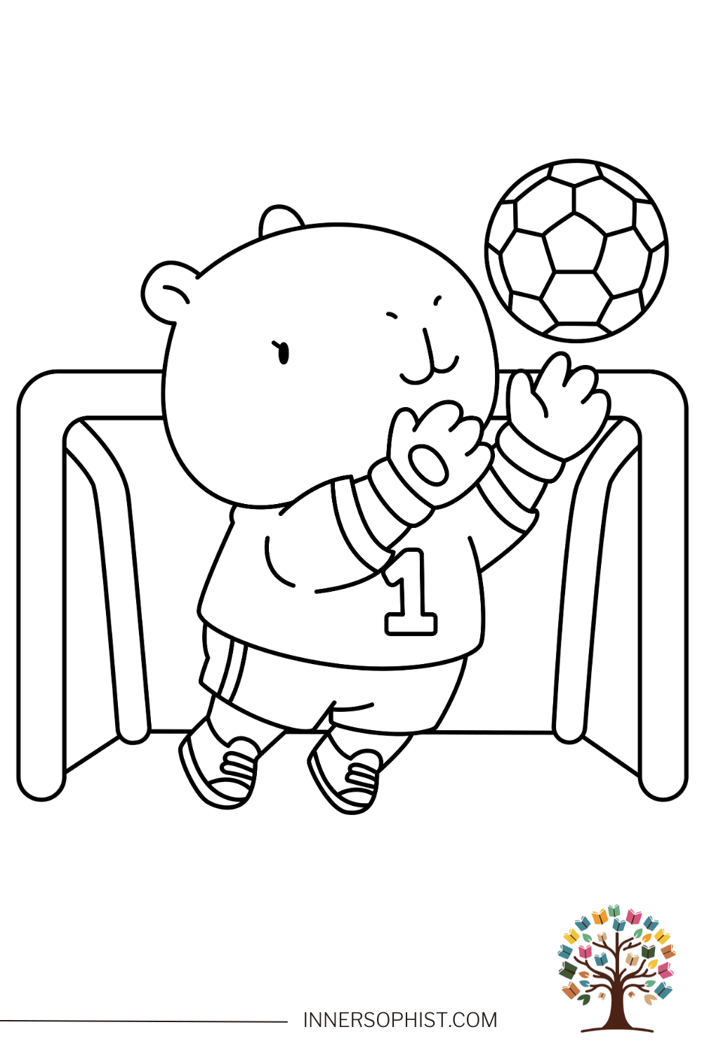 Cute kawaii bear goalkeeper wearing number 1 jersey and gloves catching World Cup soccer ball in front of goal coloring page for kids