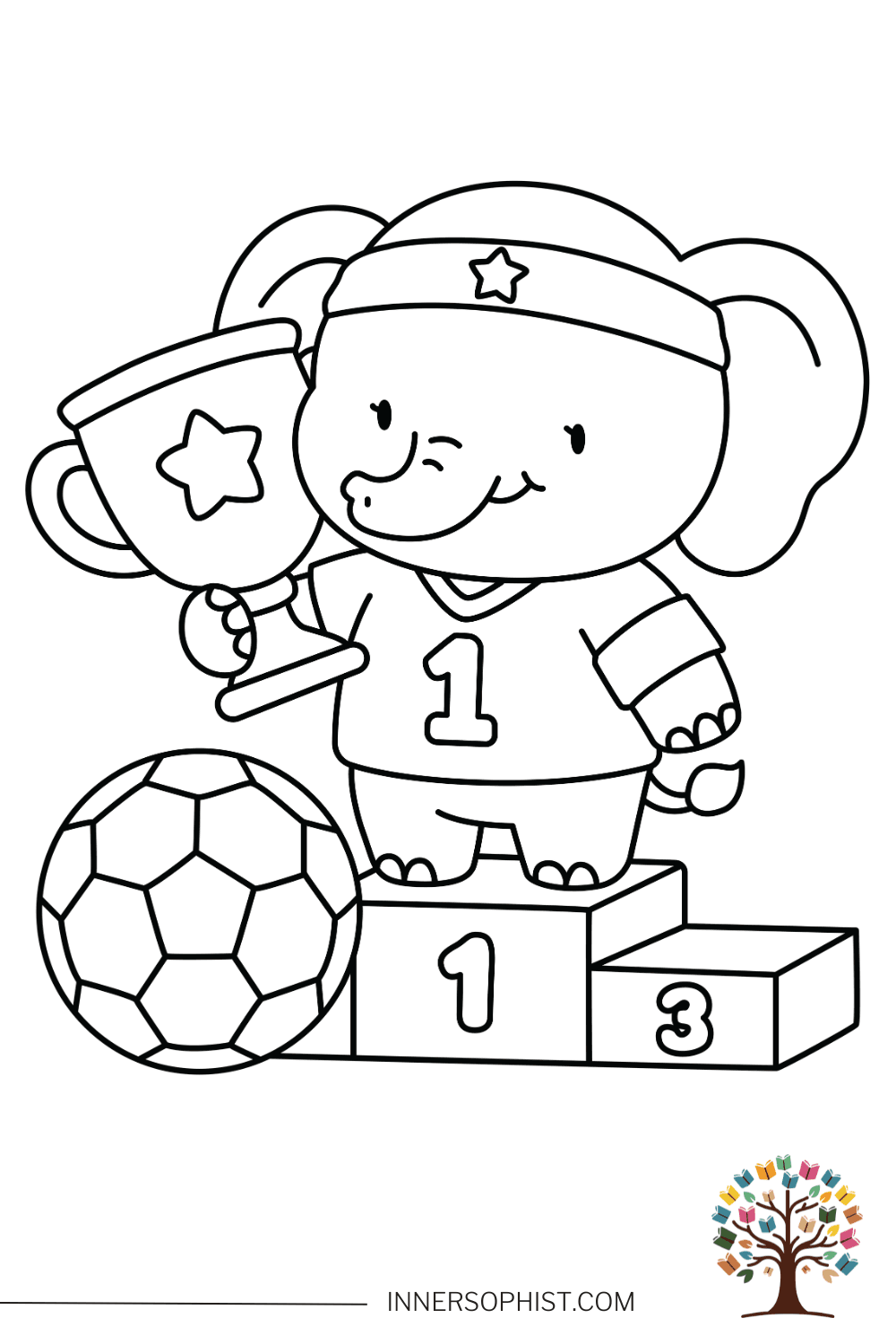 Cute kawaii elephant World Cup soccer champion wearing number 1 jersey holding star trophy standing on first place winner podium with soccer ball coloring page