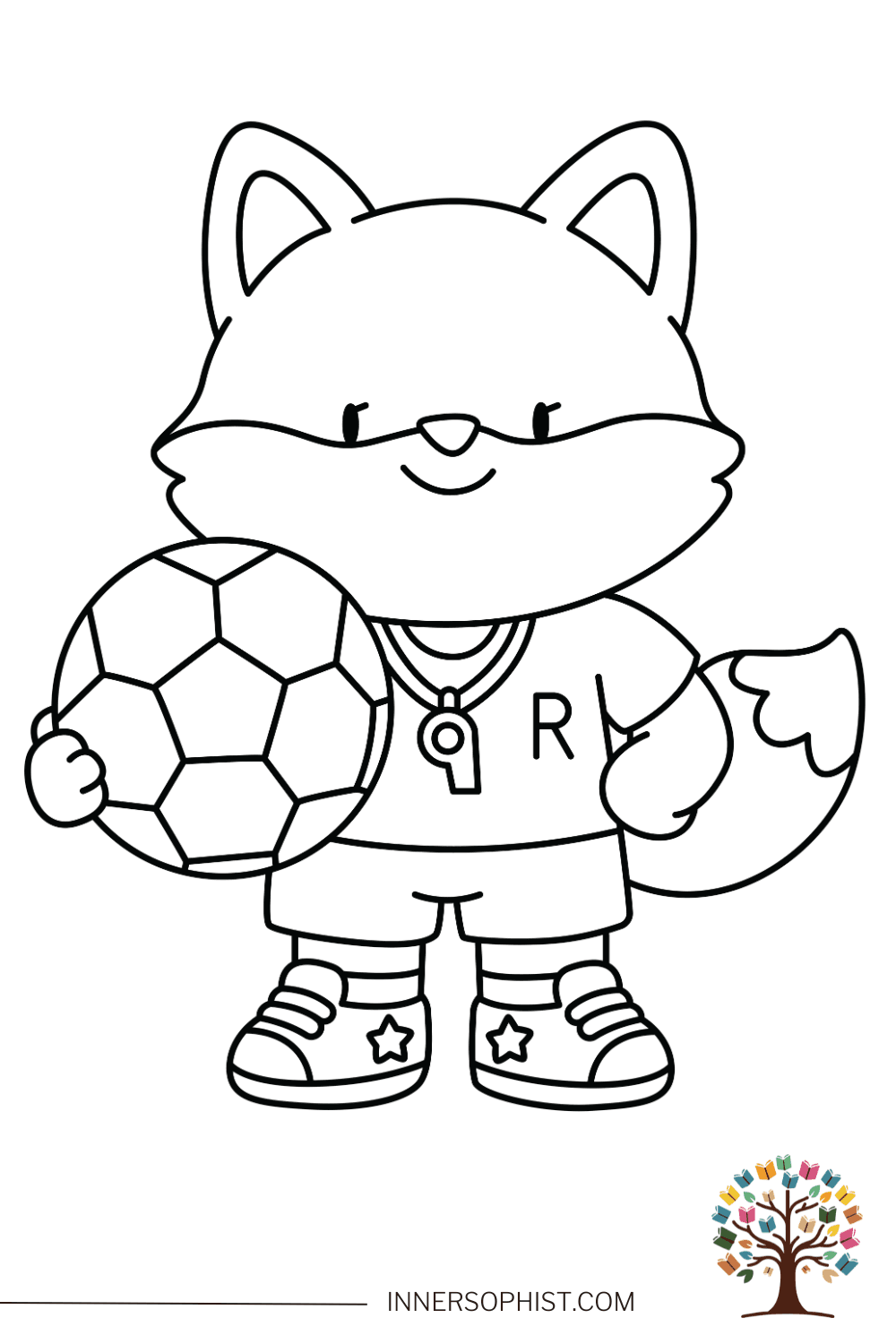 Cute kawaii fox holding World Cup soccer ball wearing jersey with whistle striped socks and star sneakers coloring page for kids