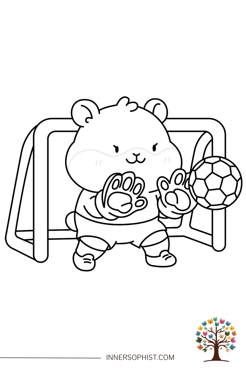 Cute kawaii hamster goalkeeper standing in front of soccer goal blocking World Cup football with paws up coloring page for kids