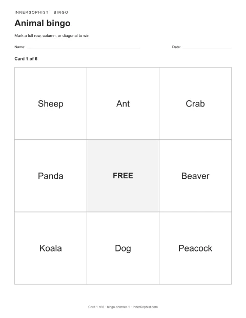 Animal bingo printable card