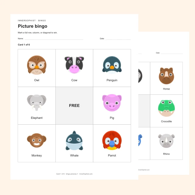 Printable animal bingo cards with different arrangements