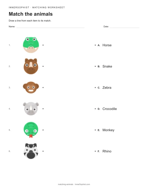 Match the animals printable matching worksheet