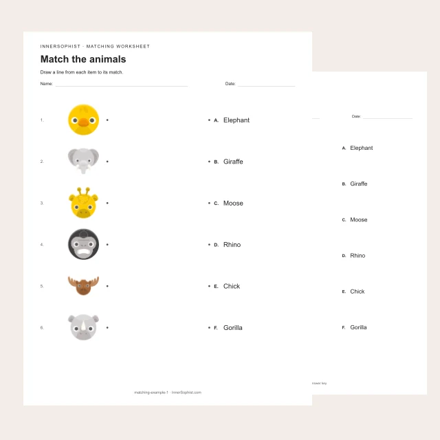 Animal pictures beside shuffled matching words on a printable worksheet