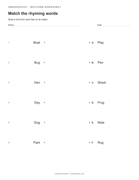 Match the rhyming words printable matching worksheet