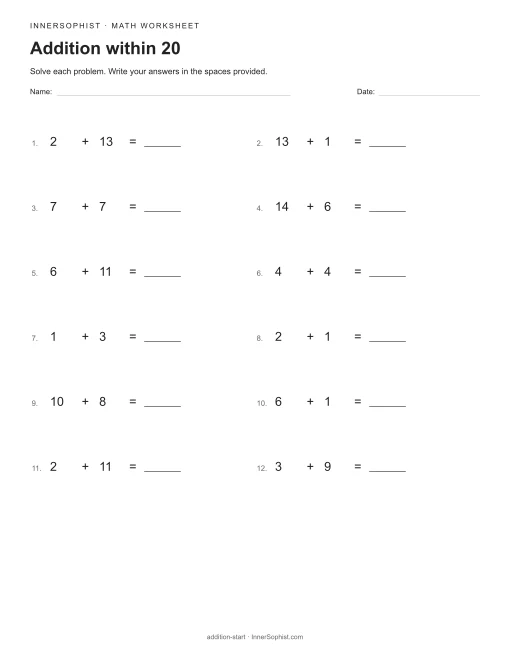 Addition within 20 printable math worksheet