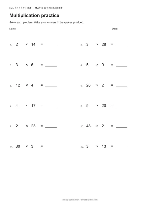 Multiplication practice printable math worksheet