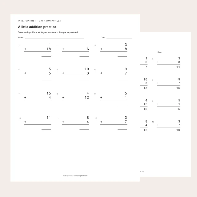 Addition worksheet with numbered questions and a separate answer key