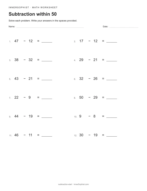 Subtraction within 50 printable math worksheet