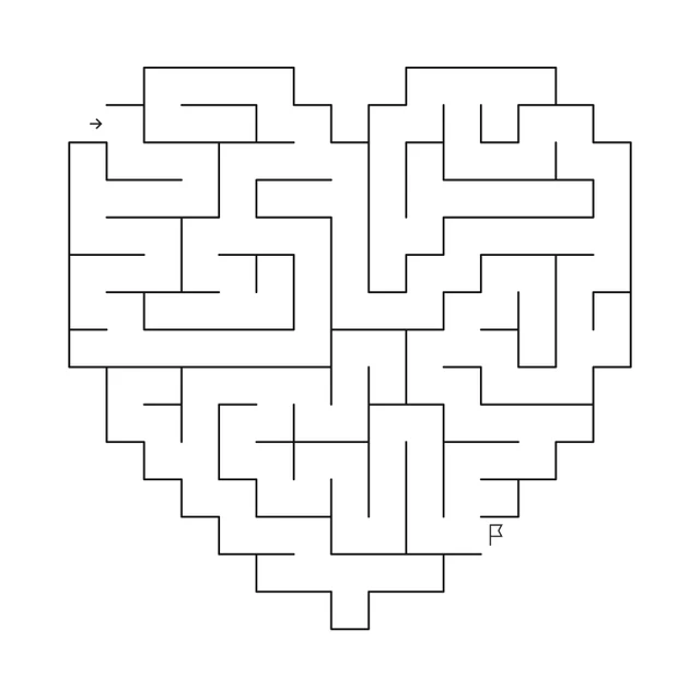 Generated heart maze with a start arrow and finish flag