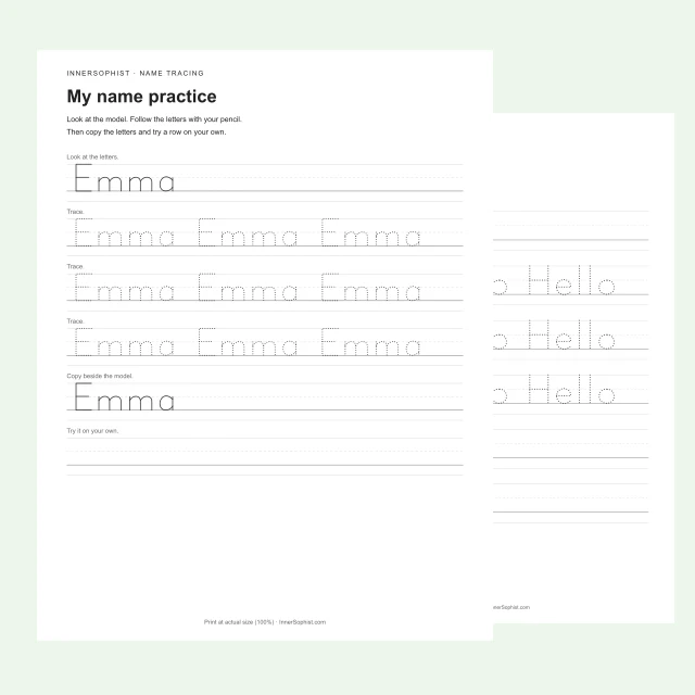 Emma name tracing worksheet with dotted letters and writing guides